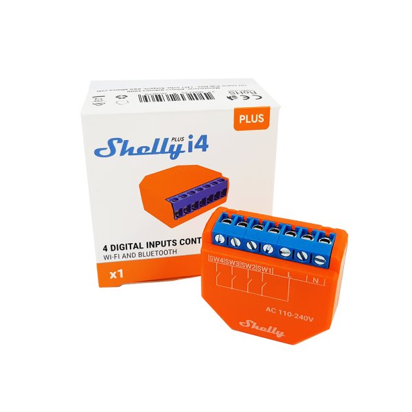 Shelly Plus i4, Orange, 802.11b, 802.11g, Wi-Fi 4 (802.11n), 2,4 GHz, 1 mW, 30 m, 4 Kanäle