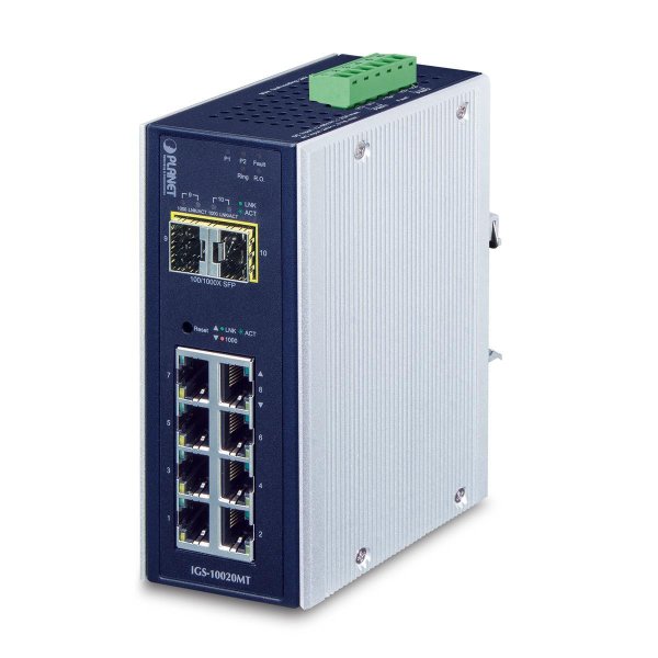 Planet IP30 industrieller 8x 1000TP + 2x 100/1000F SFP Full Managed Ethernet Switch (-40 bis 75ø C), Managed, L2+, Gigabit Ethernet (10/100/1000), Vollduplex, Wandmontage