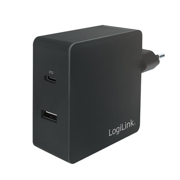 LogiLink USB Steckdosenadapter, 1x USB-C Port & 1x USB-A Port, 65W, Indoor, AC, 20 V, Schwarz