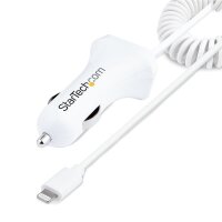 StarTech.com Zigarettenanzünder USB Ladegerät mit Lightning Spiralkabel, 1m Spiralkabel, 12W, 2 Port USB Auto Ladegerät Adapter für Handy und Tablet, Dual Kfz USB Schnellladegerät, Auto, Zigarettenanzünder, 5 V, 1 m, Weiß