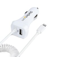 StarTech.com Zigarettenanzünder USB Ladegerät mit Lightning Spiralkabel, 1m Spiralkabel, 12W, 2 Port USB Auto Ladegerät Adapter für Handy und Tablet, Dual Kfz USB Schnellladegerät, Auto, Zigarettenanzünder, 5 V, 1 m, Weiß