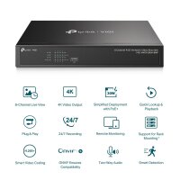 TP-LINK VIGI 8 Channel PoE+ Netzwerk-Video-Recorder, 8 Kanäle, 3840 x 2160 Pixel, 720p, 1080p, 2160p, 3840x2160,1920x1080, 1680x1050, 1440x900, 1280x1024, 1024x768, 1280x720, 1280x720@60fps, 1920x1080@60fps, 3840x2160@30fps, H.264, H.264+, H.265, H.265+