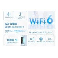 TP-LINK AX1800 Wi-Fi 6 WLAN Repeater, Netzwerksender & -empfänger, 1201 Mbit/s, 10,100,1000 Mbit/s, Windows 10, Windows 2000, Windows 7, Windows 8, Windows 8.1, Windows 98SE, Windows NT, Windows..., Internet Explorer 11, Firefox 12.0, Chrome 20.0, Safari