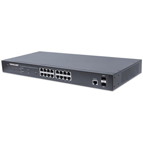 Intellinet 16-Port Gigabit Ethernet PoE+ Web-Managed Switch mit 2 SFP-Ports, IEEE 802.3at/af Power over Ethernet (PoE+/PoE)-konform, 220 W, Endspan, PDM-Funktion, 19" Rackmount, Managed, L2+, Gigabit Ethernet (10/100/1000), Power over Ethernet (PoE), Rack