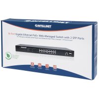 Intellinet 16-Port Gigabit Ethernet PoE+ Web-Managed Switch mit 2 SFP-Ports, IEEE 802.3at/af Power over Ethernet (PoE+/PoE)-konform, 220 W, Endspan, PDM-Funktion, 19" Rackmount, Managed, L2+, Gigabit Ethernet (10/100/1000), Power over Ethernet (PoE), Rack