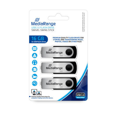 MEDIARANGE MR910-3, 16 GB, USB Typ-A, 2.0, 17 MB/s, Drehring, Schwarz, Silber