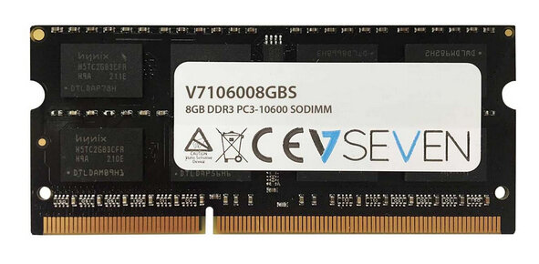 V7 8GB DDR3 PC3-10600 - 1333mhz SO DIMM Notebook Arbeitsspeicher Modul - V7106008GBS, 8 GB, 1 x 8 GB, DDR3, 1333 MHz, 204-pin SO-DIMM, Schwarz