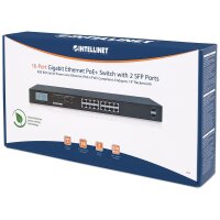 Intellinet 16-Port Gigabit Ethernet PoE+ Switch mit 2 SFP-Ports und LCD-Anzeige, LCD-Anzeige, IEEE 802.3at/af Power over Ethernet (PoE+/PoE)-konform, 370 W, Endspan, 19" Rackmount, Unmanaged, Gigabit Ethernet (10/100/1000), Vollduplex, Power over Ethernet