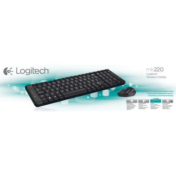 Logitech Wireless Combo MK220, Mini, Kabellos, RF Wireless, QWERTY, Schwarz, Maus enthalten