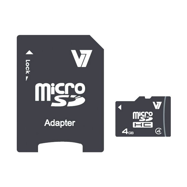 V7 4GB Micro SDHC Karte Class 4 + Adapter, 4 GB, MicroSDHC, Klasse 4, 10 MB/s, 4 MB/s, Schwarz