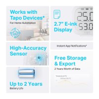 TP-LINK Tapo Intelligenter Temperatur- und Feuchtigkeitsmonitor, AAA/LR03, Alkali, 3 V, 62 mm, 62 mm, 24,5 mm