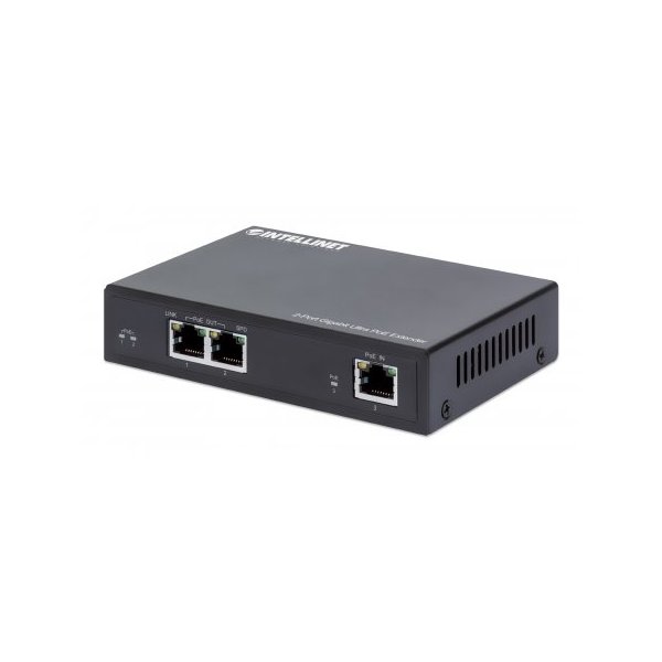 Intellinet 2-Port Gigabit Ultra PoE-Extender, Verlängert PoE-Reichweite um 100 m, PoE-Strombudget 60 W, zwei PSE-Ports mit jeweils 30 W Ausgangsleistung, IEEE 802.3bt/at/af-konform, Metallgehäuse, Netzwerksender, 100 m, 6000 Mbit/s, Cat5e, 10,100,1000 Mbi