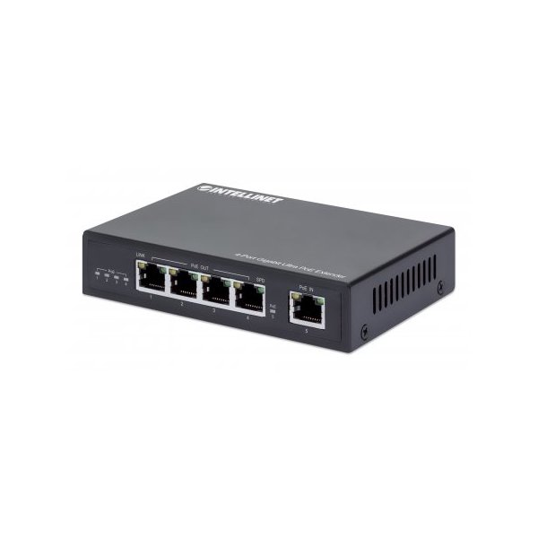 Intellinet 4-Port Gigabit Ultra PoE-Extender, Verlängert PoE-Reichweite um 100 m, PoE-Strombudget 90 W, vier PSE-Ports mit jeweils 30 W Ausgangsleistung, IEEE 802.3bt/at/af-konform, Metallgehäuse, Netzwerksender, 100 m, 10000 Mbit/s, Cat5e, 10,100,1000 Mb