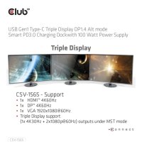 Club 3D Dockingstation USB Gen1 Typ-C Dreifach-Display DP1.4 Alt-Modus Smart PD3.0 mit 100-Watt-Netzteil, Andocken, USB 3.2 Gen 1 (3.1 Gen 1) Type-C, Schwarz