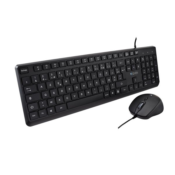 V7 CKU350ES – Set aus USB-Tastatur und -Maus – ES-Layout, Volle Größe (100%), Kabelgebunden, USB, Schwarz, Maus enthalten