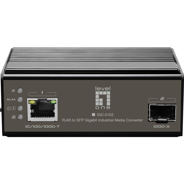 LevelOne IGC-0102, 1000 Mbit/s, IEEE 802.3, IEEE 802.3ab, IEEE 802.3u, IEEE 802.3z, SFP, Kabelgebunden, Aktivität, Alarm, Link, Leistung, Schwarz