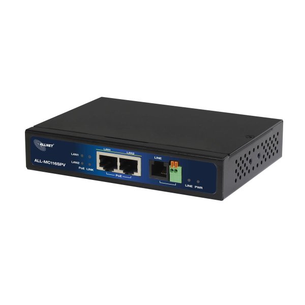 ALLNET ALL-MC116SPV-VDSL2, Schwarz, 10BASE-T, 100BASE-T, IEEE 802.3ab, IEEE 802.3u, IEEE 802.3z, 10/100, DMT, ADSL (RJ-11), Ethernet (RJ-45)