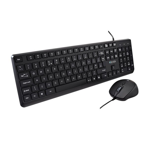 V7 CKU350UK – Set aus USB-Tastatur und -Maus – UK-Layout, Volle Größe (100%), Kabelgebunden, USB, QWERTY, Schwarz, Maus enthalten