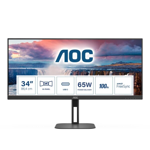 AOC V5 U34V5C/BK, 86,4 cm (34"), 3440 x 1440 Pixel, UltraWide Quad HD, LCD, 4 ms, Schwarz