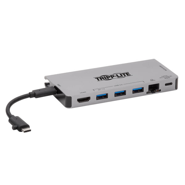 Tripp U442-DOCK5D-GY USB-C Dock – 4K HDMI, USB 3.x (5 Gbps), USB-A/C Nabenanschlüsse, GbE, Speicherkarte, 100 W PD-Aufladung, abnehmbares Kabel, Kabelgebunden, USB 3.2 Gen 1 (3.1 Gen 1) Type-C, 100 W, 10,100,1000 Mbit/s, Grau, MicroSD (TransFlash), SD