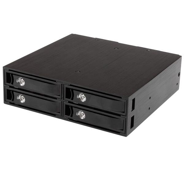 StarTech.com 4x Festplatten Wechselrahmen für 2,5 Zoll SATA / SAS Laufwerke, 13,3 cm (5.25"), Speicherlaufwerkbehälter, 2 TB, 2.5", SATA, Serial ATA II, Serial ATA III, Serial Attached SCSI (SAS), Schwarz