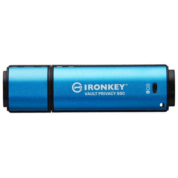 Kingston IronKey 8GB USB-C Vault Privacy 50C AES-256 verschlüsselter, FIPS 197, 8 GB, USB Typ-C, 3.2 Gen 1 (3.1 Gen 1), 250 MB/s, Kappe, Schwarz, Blau