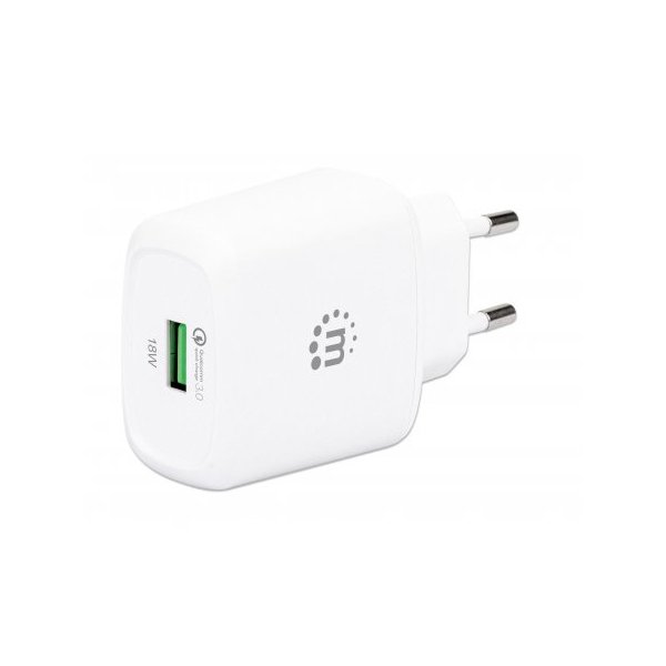 Manhattan QC 3.0 USB-Ladegerät 18 W, USB-Netzteil mit USB-A Qualcomm Quick Charge™ 3.0-Port mit bis zu 18 W, weiß, Drinnen, AC, 12 V, Weiß