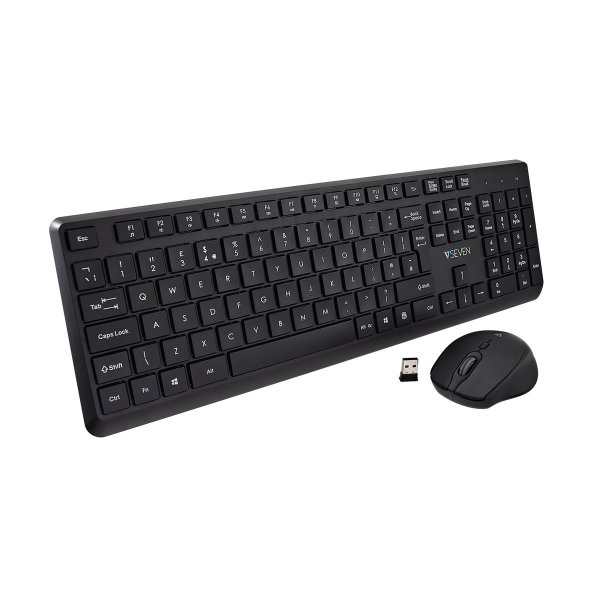 V7 CKW350UK – Set aus Wireless-Tastatur und -Maus – UK-Layout, Volle Größe (100%), Kabellos, RF Wireless, QWERTY, Schwarz, Maus enthalten