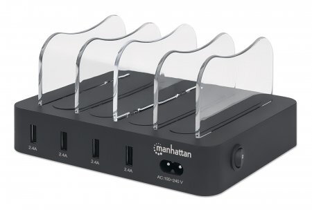 Manhattan 4-Port USB-Ladestation, Vier USB-A-Ports, bis zu 2,4 A/5 V pro Port, 34 W Ausgangsleistung gesamt, schwarz, Freistehend, Kunststoff, Schwarz, Kontakt, CE FCC RoHS WEEE ETL, 2,4 A