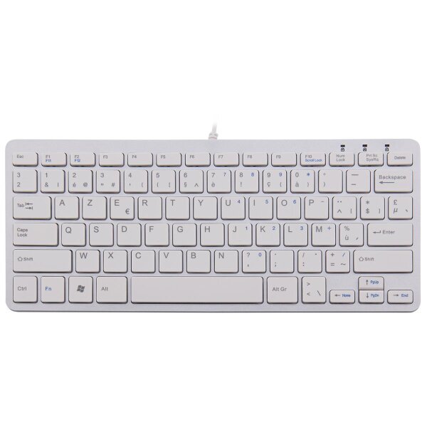 R-Go Tools Compact Ergonomische Tastatur R-Go , kompakte Tastatur, flaches Design, AZERTY (BE), verkabelt, weiß, Mini, Kabelgebunden, USB, Membran Key Switch, AZERTY, Weiß