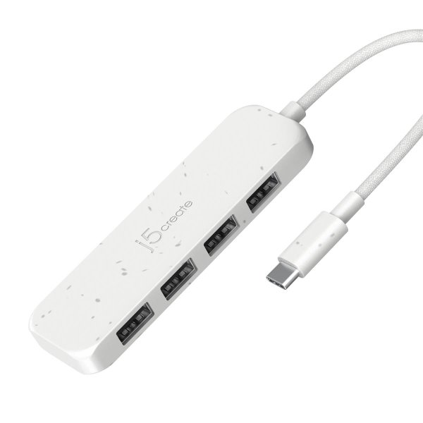 j5create Umweltfreundlicher USB-C-zu-Hub Typ A Gen 2 mit 4 Anschlüssen, USB 3.2 Gen 1 (3.1 Gen 1) Type-C, USB 3.2 Gen 2 (3.1 Gen 2) Type-A, 10000 Mbit/s, Weiß, Acrylnitril-Butadien-Styrol (ABS), Recycelbarer Kunststoff, Taiwan