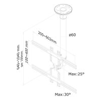 Neomounts Monitor-Deckenhalterung, 35 kg, 81,3 cm (32"), 152,4 cm (60"), 200 x 200 mm, 600 x 400 mm, 640 - 1040 mm