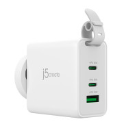 j5create 65-Watt-GaN-USB-C-Reiseladegerät mit 3 Anschlüssen, einschließlich austauschbaren Netzsteckern und USB-C-Kabel, Drinnen, AC, Weiß