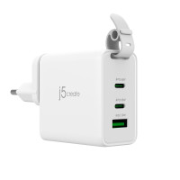 j5create 65-Watt-GaN-USB-C-Reiseladegerät mit 3 Anschlüssen, einschließlich austauschbaren Netzsteckern und USB-C-Kabel, Drinnen, AC, Weiß