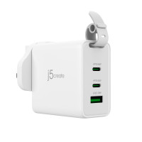 j5create 65-Watt-GaN-USB-C-Reiseladegerät mit 3 Anschlüssen, einschließlich austauschbaren Netzsteckern und USB-C-Kabel, Drinnen, AC, Weiß