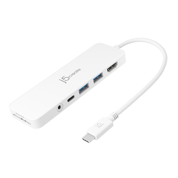 j5create JCD373-N USB-C® Lleichter Multi Adapter, USB 3.2 Gen 1 (3.1 Gen 1) Type-C, 60 W, Weiß, MicroSD (TransFlash), SD, 4K Ultra HD, 30 Hz