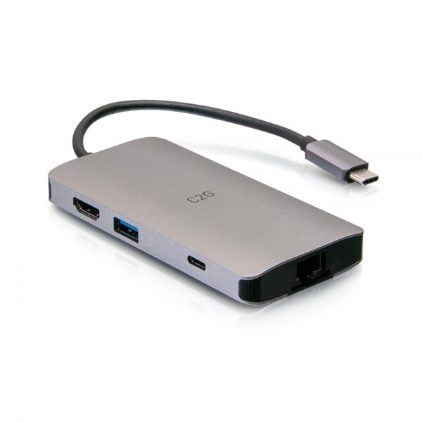 C2G USB-C 8-in-1 Mini-Dock mit HDMI, zwei USB-A, Ethernet, SD-Kartenleser und USB-C Power Delivery bis zu 100 W - 4K 30 Hz, Kabelgebunden, USB 3.2 Gen 1 (3.1 Gen 1) Type-C, 10,100,1000 Mbit/s, Grau, SD, 5 Gbit/s