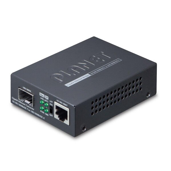 Planet Medienkonverter, SFP 10/100/1000Base-T zu SFP, Inkl. Netzteil Ohne SFP Modul, 1000 Mbit/s, 10Base-T, 100Base-T, 1000Base-T, 1000Base-LX, 1000Base-SX, IEEE 802.3, IEEE 802.3ab, IEEE 802.3u, IEEE 802.3x, IEEE 802.3z, Gigabit Ethernet, 10,100,1000 Mbi