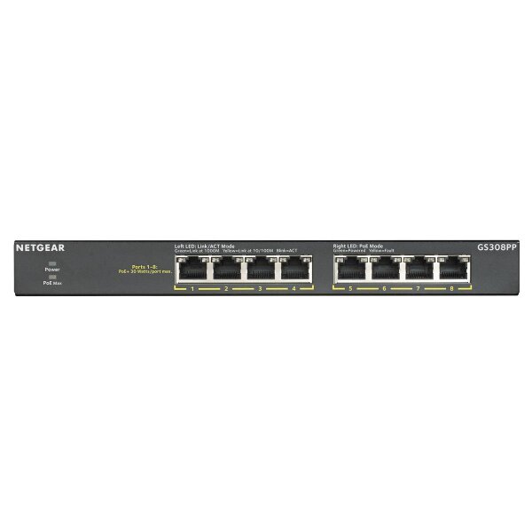 Netgear GS308PP, Unmanaged, Gigabit Ethernet (10/100/1000), Vollduplex, Power over Ethernet (PoE), Rack-Einbau, Wandmontage