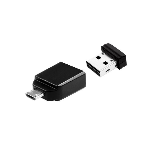 Verbatim Nano - USB-Stick 32 GB mit Micro USB-Adapter - Schwarz, 32 GB, USB Typ-A, 2.0, Ohne Deckel, 3 g, Schwarz