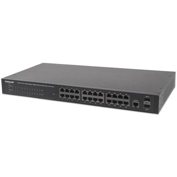 Intellinet 24-Port Gigabit Ethernet PoE+ Web-Managed Switch mit 2 SFP-Ports, 24 x PoE ports, IEEE 802.3at/af Power over Ethernet (PoE+/PoE), 2 x SFP, Endspan, PDM-Funktion, 19" Rackmount, Managed, Gigabit Ethernet (10/100/1000), Power over Ethernet (PoE),