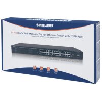 Intellinet 24-Port Gigabit Ethernet PoE+ Web-Managed Switch mit 2 SFP-Ports, 24 x PoE ports, IEEE 802.3at/af Power over Ethernet (PoE+/PoE), 2 x SFP, Endspan, PDM-Funktion, 19" Rackmount, Managed, Gigabit Ethernet (10/100/1000), Power over Ethernet (PoE),