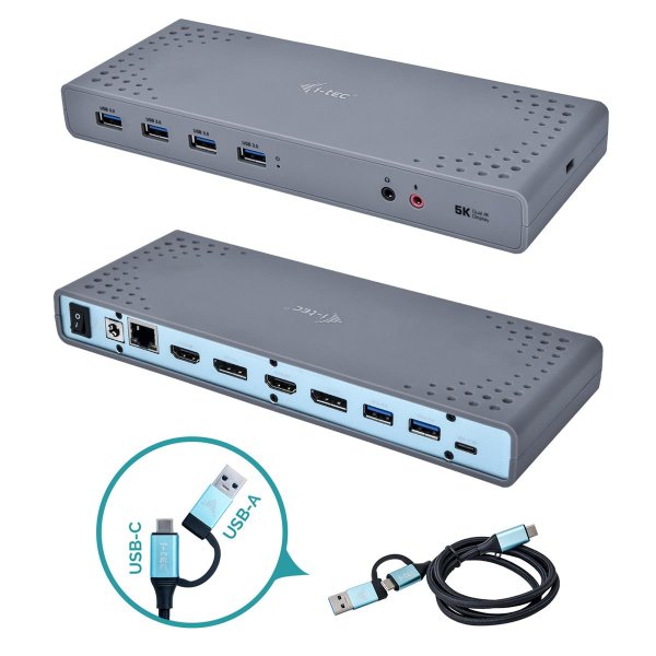 i-tec USB 3.0 / USB-C / Thunderbolt 3 Dual Display Docking Station, Kabelgebunden, USB 3.2 Gen 1 (3.1 Gen 1) Type-C, 3,5 mm, USB Typ-A, USB Typ-C, 10,100,1000 Mbit/s, Schwarz, Türkis