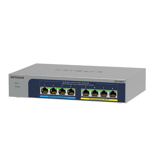 Netgear MS108UP, Unmanaged, 2.5G Ethernet (100/1000/2500), Vollduplex, Power over Ethernet (PoE), Wandmontage