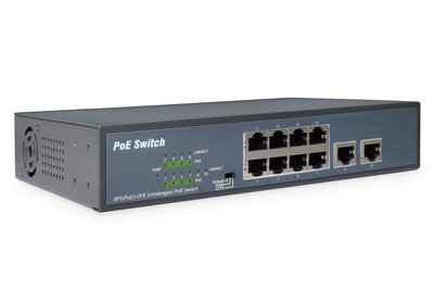 DIGITUS 8-Port Fast Ethernet PoE Netzwerkswitch, Desktop, unmanaged, 2 Uplink Ports RJ45,120 W, af/at