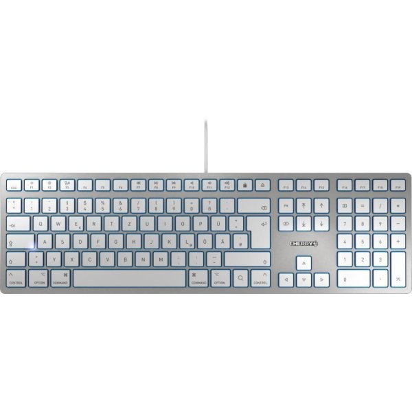 Cherry KC 6000 SLIM für MAC Kabelgebundene Tastatur, Silber/ Weiß, USB (QWERTZ - DE), Volle Größe (100%), Kabelgebunden, USB, QWERTZ, Silber