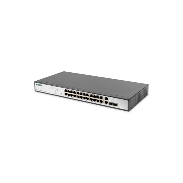 DIGITUS 24-Port Gigabit PoE Netzwerkswitch,19 Zoll, unmanaged,2 Uplink Ports, SFP, 370 W, af/at