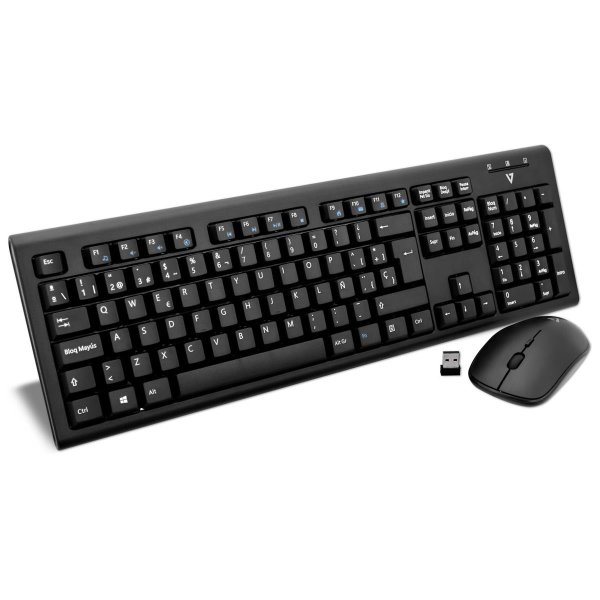 V7 Set aus kabelloser Tastatur und Maus – ES, Volle Größe (100%), Kabellos, RF Wireless, QWERTY, Schwarz, Maus enthalten