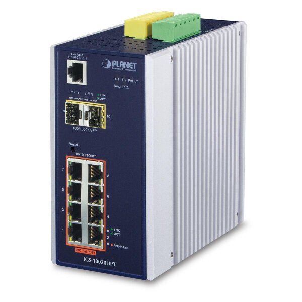 Planet IP30 Industrial 8* 1000TP PoE +, Managed, L2+, Gigabit Ethernet (10/100/1000), Vollduplex, Power over Ethernet (PoE), Wandmontage