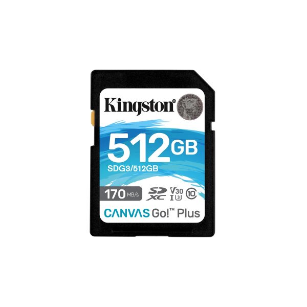 Kingston 512GB SDXC Canvas Go Plus 170R C10 UHS-I U3 V30, 512 GB, SD, Klasse 10, UHS-I, 170 MB/s, 90 MB/s